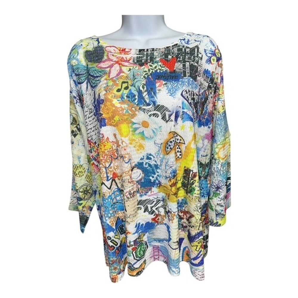 Ali Miles 1X Top Blue Yellow Abstract Floral Art Crepe Woven 3/4 Dolman Sleeves